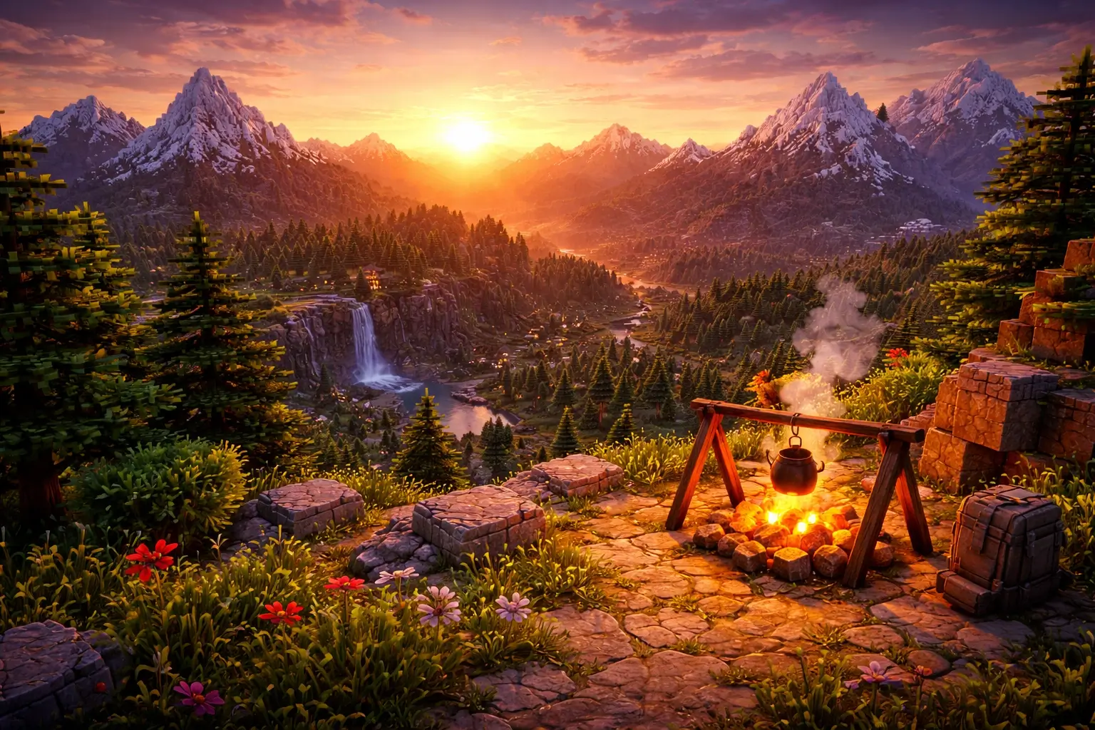 Screenshot from Veloren — a character looking at mountains at sunset