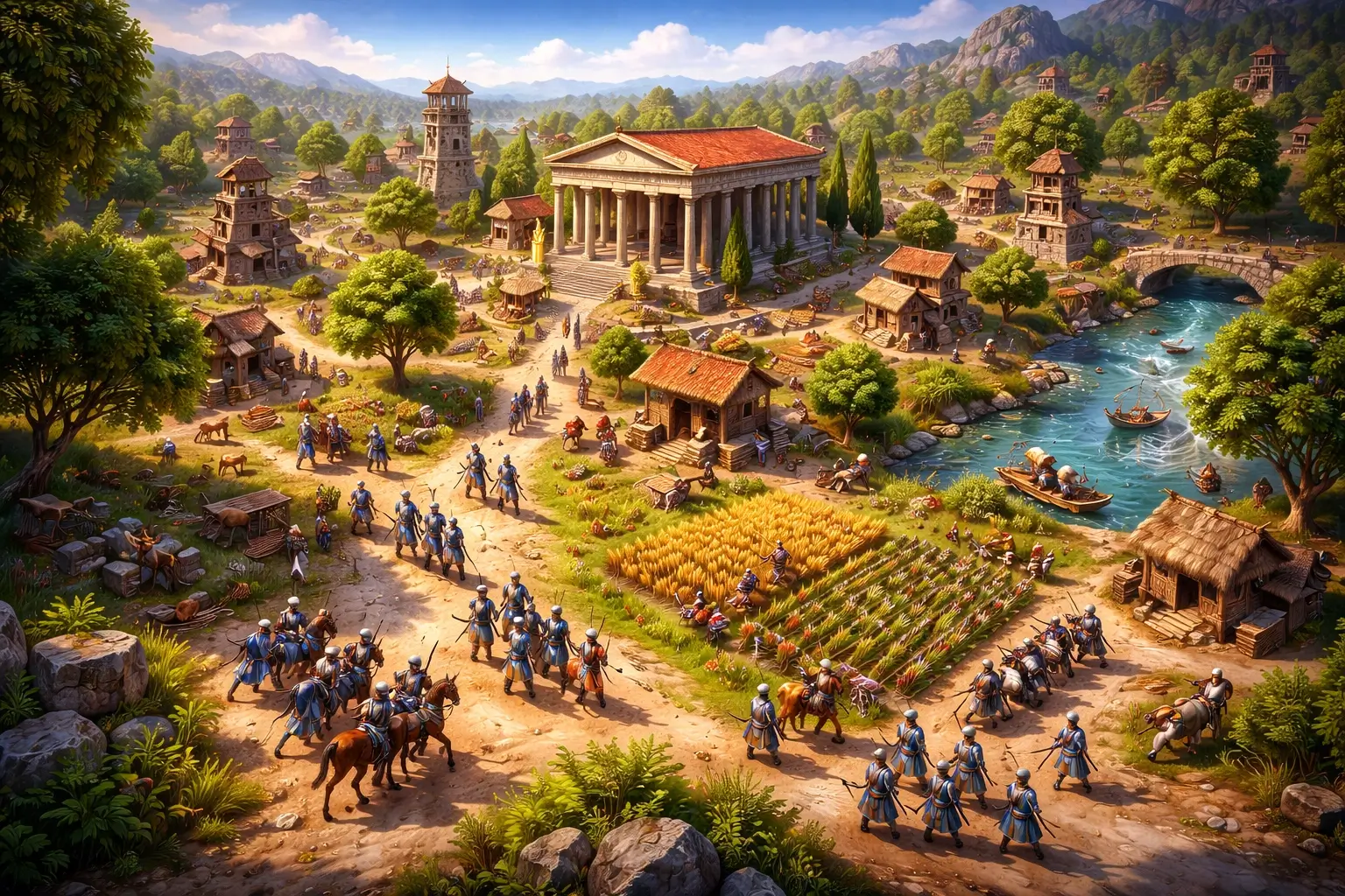 Screenshot from 0 A.D. — a settlement and units
